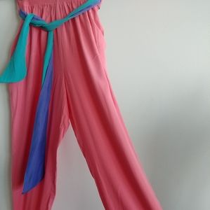 Bright coral and blue elastic waist pants w/sash